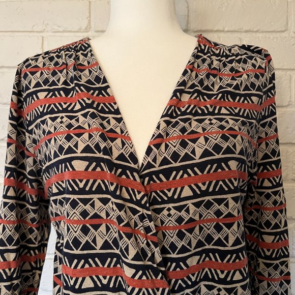 Lucky Brand Multi Colored Aztec print wrap top with 3/4 ruched sleeves - Picture 3 of 6